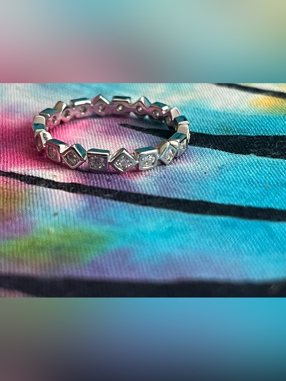 925 Sterling Silver Moissanite Alternating Geometric Eternity Band Ring Sz 8.25